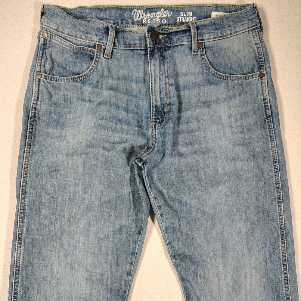 Wrangler Retro Jeans Mens 34x35 Medium Wash Slim Straight Faded 1088MWZJK - Picture 3 of 13